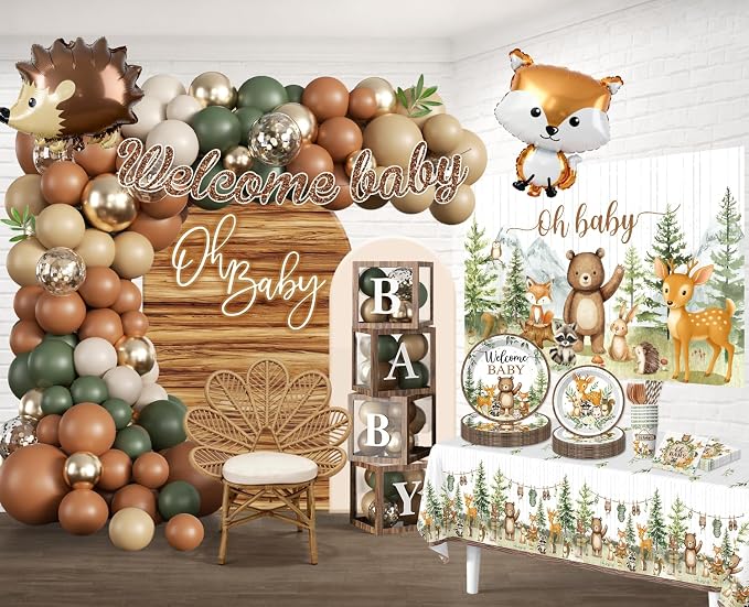 Woodland Baby Shower Decorations, 265 PCS Woodland Animals Baby Shower Party Supplies with Balloon Garland, Backdrop, Tableware, Balloon Boxes & Mom to Be Sash, Gender Neutral Forest Theme