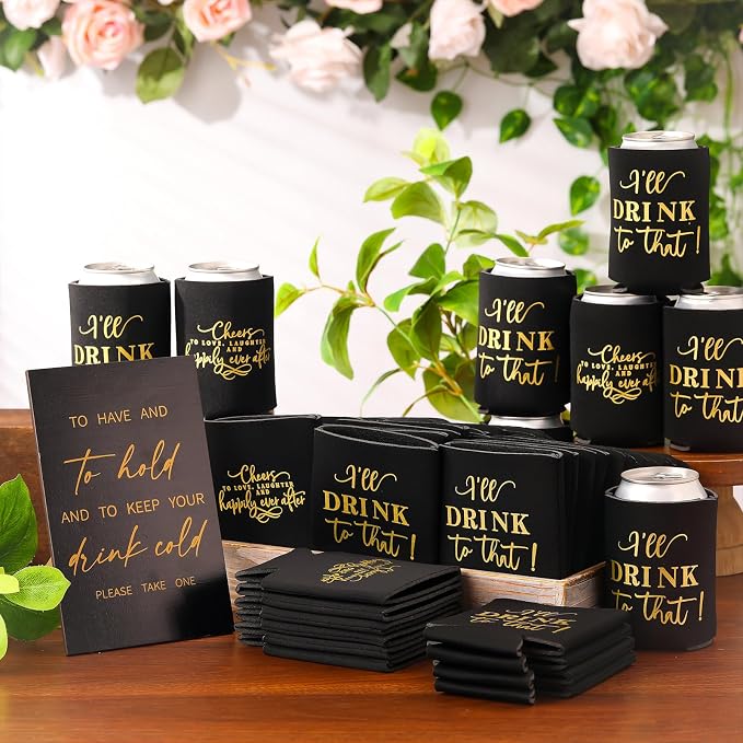 SiliFine 101 Pcs Black Wedding Can Cooler Bulk Engagement Party Favors for 100 Guests Cheers to Love Laughter, and I'll Drink Can Cooler with Wooden Wedding Table Sign Bridal Shower Favor