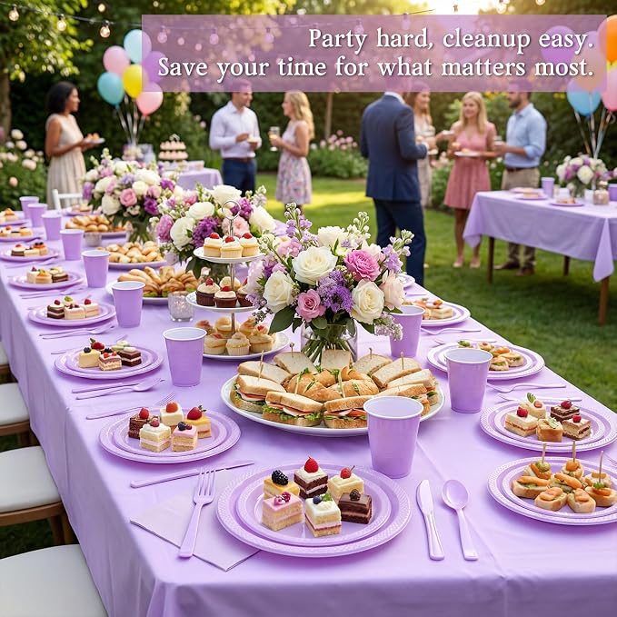 352 Pcs Lilac Plastic Plates Party Set, 50 Guests Disposable Dinnerware Set with Light Purple Tablecloths, Soft Lilac Plastic Plates Party Set for Baby Shower/Bridal Shower/Tea Party/Spring Event