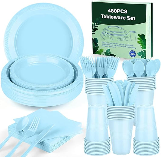 Kochorie 480 Pieces Light Blue Plastic Dinnerware Set Disposable Heavy Duty Plates Napkins Cups Silverware Dessert Dinner Plates for Birthday Wedding Baby Shower Party Supplies, Serves 60 Guests