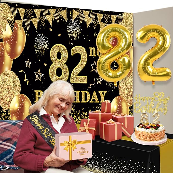 82nd Birthday Decorations Men Women with Banner, Black and Gold Table Cloth, Number Balloons, Sash, Cake Topper and Candles