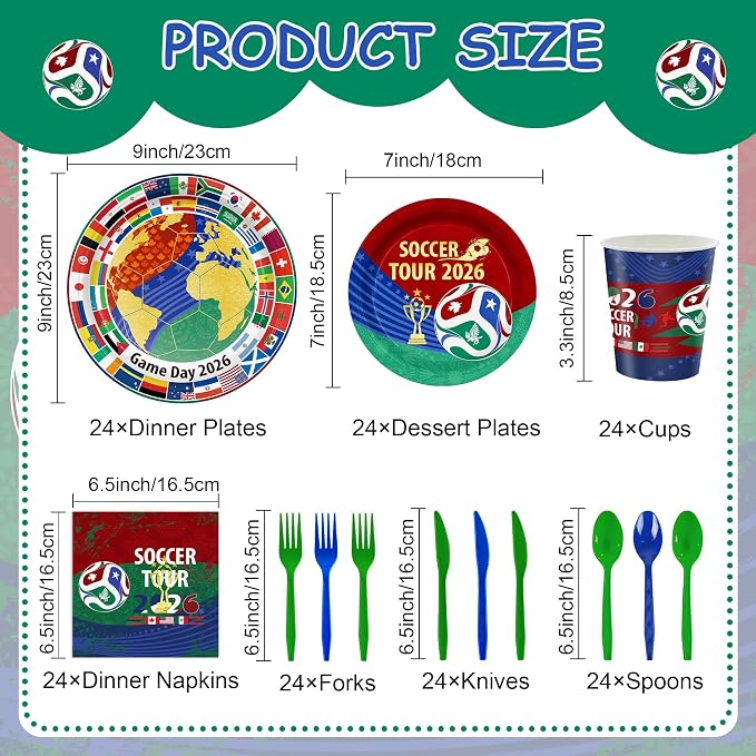 168 PCS 2026 Soccer Themed Party Supplies, Disposable Tableware Set Serves 24, International Flag Plates Cups Napkins Cutlery for Game Day Celebrations