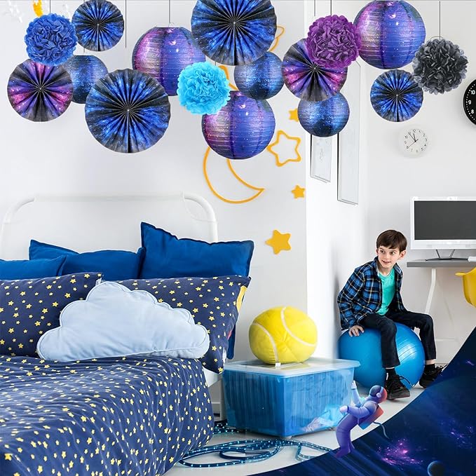 Hortsun 16 Pieces Galaxy Party Decorations Galaxy Print Paper Lanterns Paper Fans Flowers Space Themed Hanging Lanterns Ceiling Decor for Home Birthday Party Decor