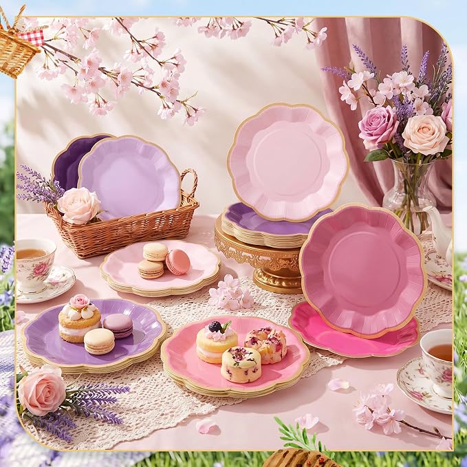 72 Pcs Pink and Purple Color Paper Plates 9 Inch Pink and Purple Gradient Scalloped Paper Disposable Dinner Dessert Plates for Birthday Wedding Bridal Party Supplies, 6 Colors