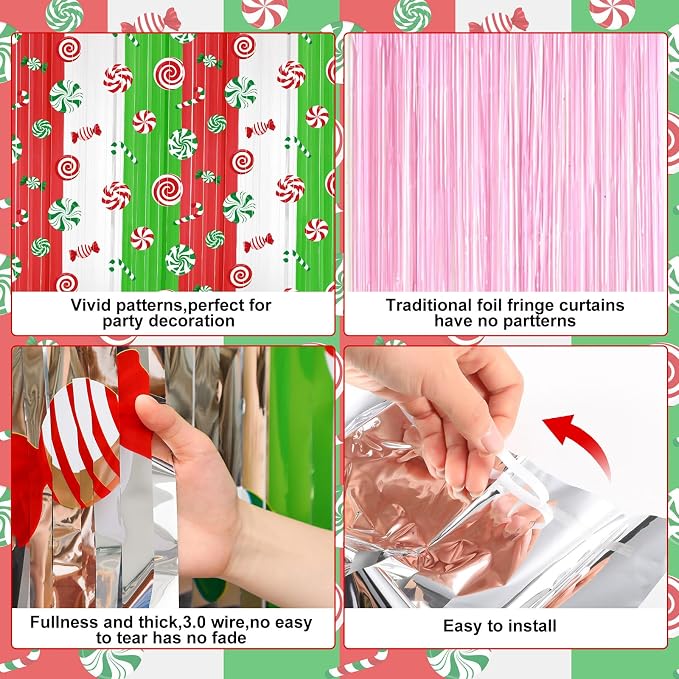 Blosssound 4 Packs Christmas Party Decorations 3.3 x 6.6 ft Candy Cane Theme Foil Fringe Curtain Xmas Holiday Tinsel Streamers for Xmas Winter Holiday Baby Shower Decoration(4 Packs, Christmas Candy)
