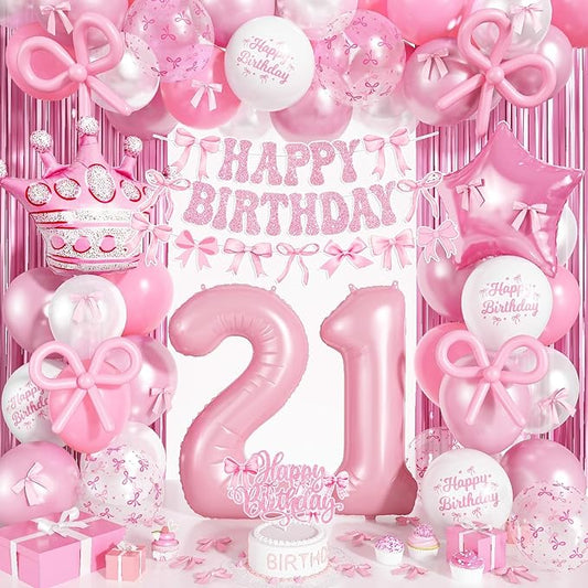 21st Pink Bow Birthday Decorations for Her, Coquette Party Decor Include 40 Inch Foil Number 21 Crown Star Balloons Long Latex Balloon Pastel Pink Bows Cake Topper Happy Birthday Banner Fringe Curtain