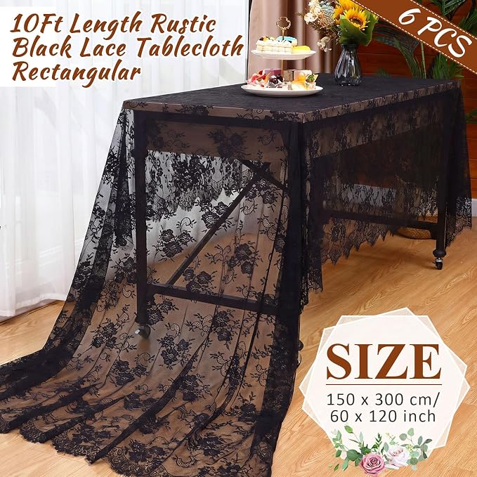 Honeydak 6 Pcs Lace Tablecloth Rectangular 60 x 120 Inch Wedding Rustic Tablecloth Overlay Rose Vintage Embroidered Wedding Reception Party Table Cover Decorations for Bridal Tea Party (Black)