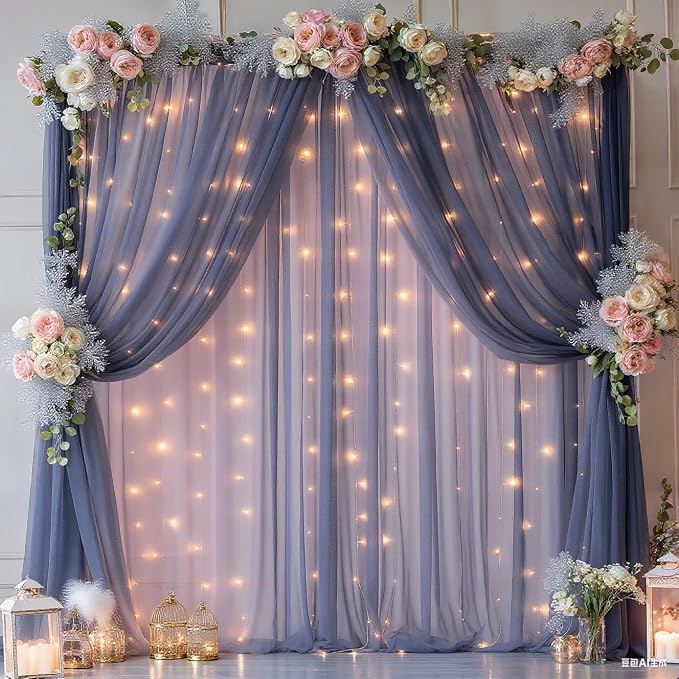10x10ft Navy Blue Tulle Backdrop Curtain with Lights String for Parites, Sheer Photo Backdrop Curtains with Lights for Wedding Backdrop Ceremony Reception Bridal Shower Baby Shower Birthday Party