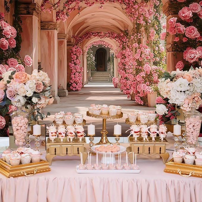 Baocicco 12x10ft Pink Flowers Backdrops for Photoshoot Rose Arch Corridor European Carving Wall Photo Background for Women Bridal Shower Birthday Marriage Valentines Mothers Day Backdrop Decorations
