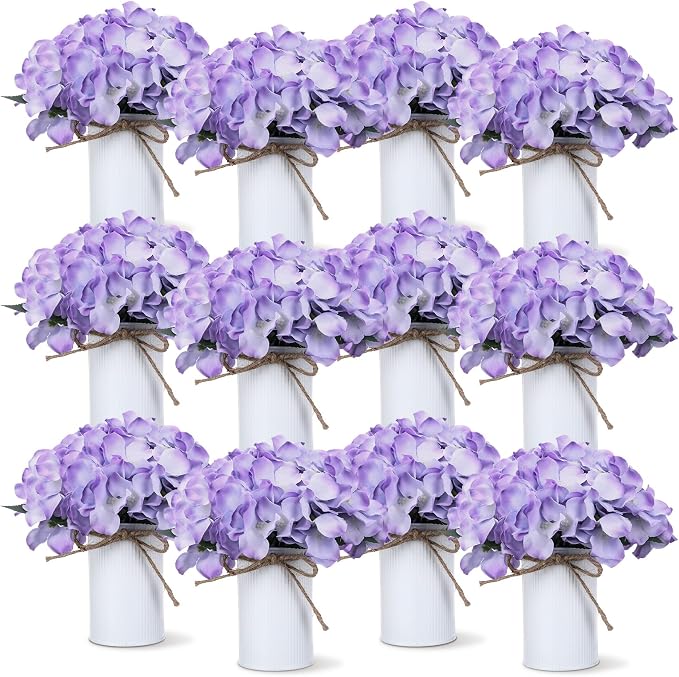 Zeyune Purple 12 Sets Wedding Flower Table Centerpieces Artificial Hydrangeas with Rustic Metal Vase Fake Hydrangea Flowers in Pot Floral Arrangement for Wedding Bridal Tea Party Table Home Decor