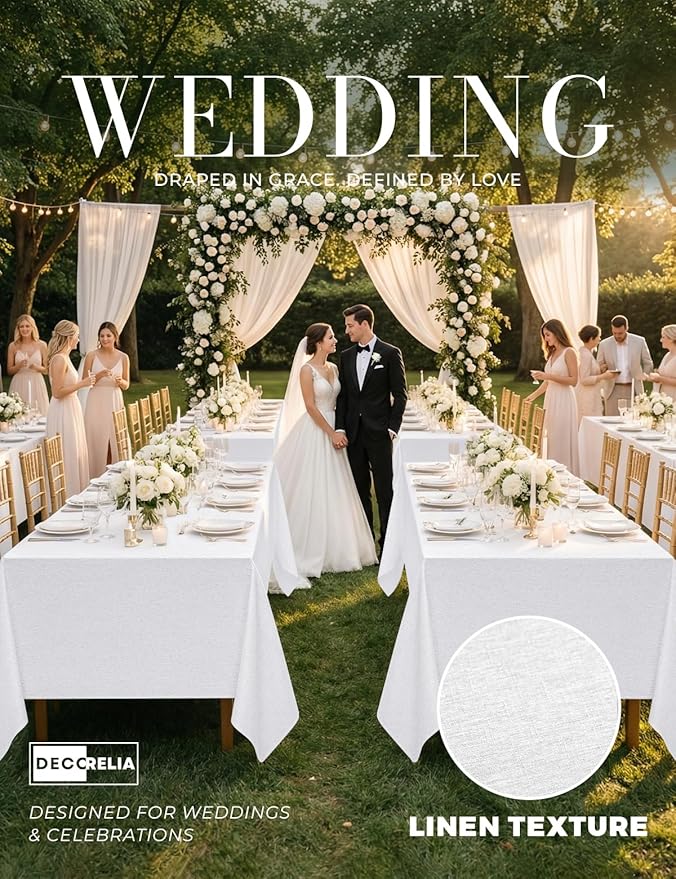 Decorelia White Reusable Waterproof Table Cloths for 8 Ft Rectangle Table-2 Pack, Washable Polyester Rustic Rectangular Table Cloth Cover for Wedding,Outdoor,Events, Party,Banquet, Dining, 60x120 Inch