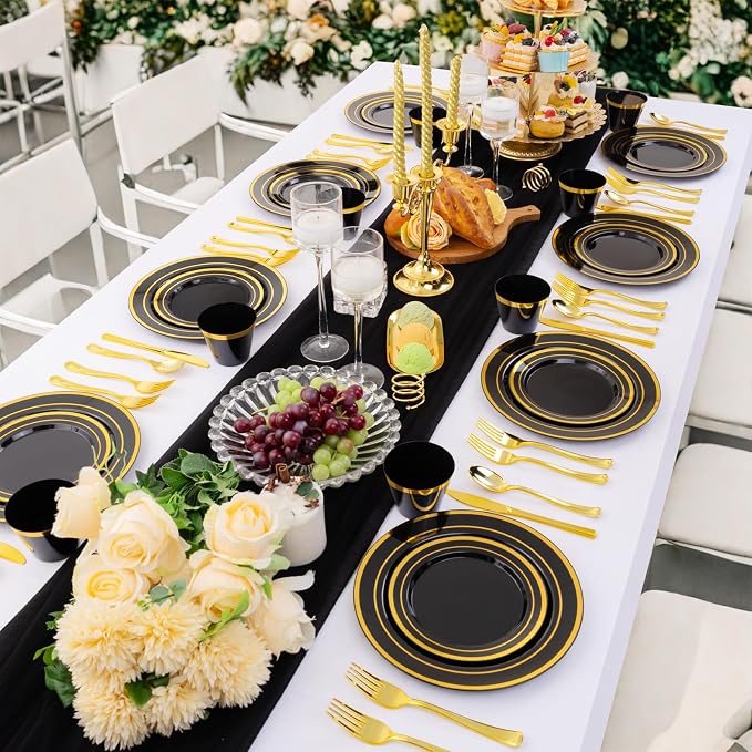 WELLIFE 300 PCS Black and Gold Dinnerware Set for 50 Guests, Disposable Plastic Plates for Party, Gold rimmed Plastic Dinner Plates,Salad Plates,Cups,Silverware Set for Halloween Party Supplies