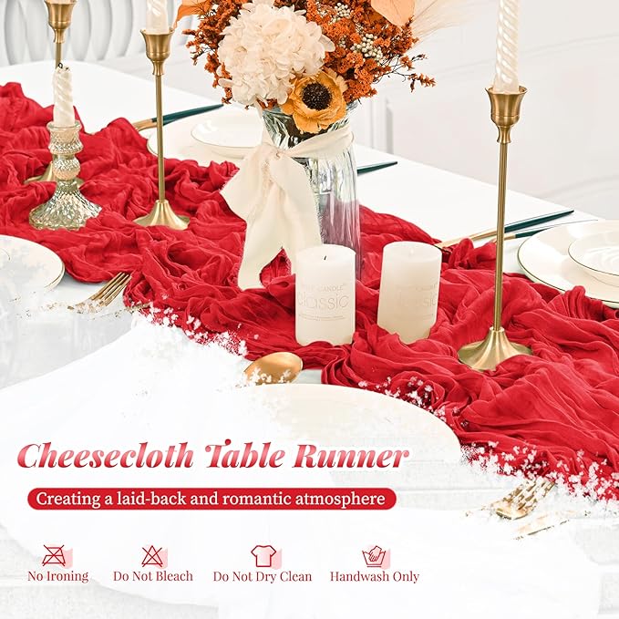 12 Pack Red Cheesecloth Table Runner, 10FT Cheesecloth Rustic Boho Table Runner Long Romantic Semi Sheer Table Runner for Wedding Baby Shower Birthday Bridal Party Decorations(21.5×120 Inch)