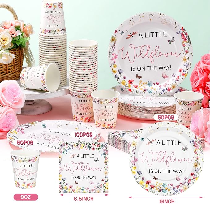 Hushee 200 Pcs Baby in Bloom Baby Shower Paper Plates Napkins Cups Wildflower Party Supplies Tableware Set a Little Wildflower Is on The Way Disposable Plates for 50 Guest Spring Summer Party Decor