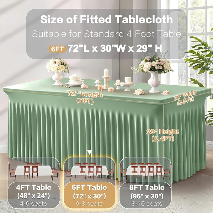 6 Packs Sage Green Spandex Table Cloths 6 Foot, Fitted Stretch Table Cover with Skirts 30x72 Inch, Wrinkle-Free Floor Length Tablecloths Rectangular for Weddings Parties Banquets Events Decorations