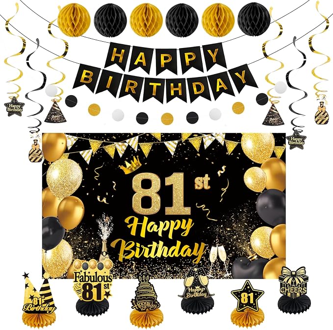 Happy Birthday Party Decoration Set: Including Birthday Banner Backdrop, Party Table Centerpieces and Hanging Swirl Party Streamers, Birthday Decor for Men and Women (Gold/Black, 81st Birthday)