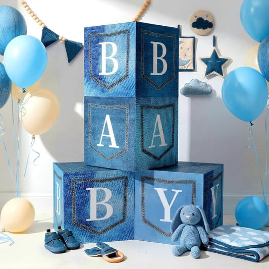 Qunclay 4 Set Blue Jean Baby Shower Decorations Party Boxes with Letters Stackable for Denim Baby Shower Decorations Gender Reveal Decoration Photo Prop Cowboy Country Nursery Decor