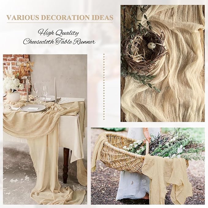 8 Pack 10Ft Cheesecloth Table Runner Beige, 20 x 120 Inch Rustic Gauze Boho Cheese Cloth Wedding Long Table Runner for Wedding Party Bridal Shower Decoration