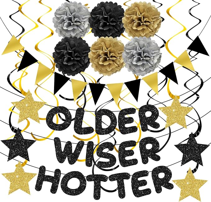 Turypaty Older Wiser Hotter Triangle Flag Birthday Banner Decorations Kit- Black Gold Glitter Birthday Decors for Men Women 30th 40th 50th 60th 70th 80th Paper Pompoms, Hanging Swirls Party Supplies