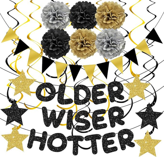 Turypaty Older Wiser Hotter Triangle Flag Birthday Banner Decorations Kit- Black Gold Glitter Birthday Decors for Men Women 30th 40th 50th 60th 70th 80th Paper Pompoms, Hanging Swirls Party Supplies