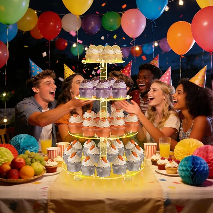 YestBuy 4 Tier Round Cupcake Stand, Cupcake Holder, 4 Tier Cupcake Tray, Acrylic Cake Tower Stand Display for Pastry + LED Light String, Ideal for Weddings, Birthday Parties (Yellow)