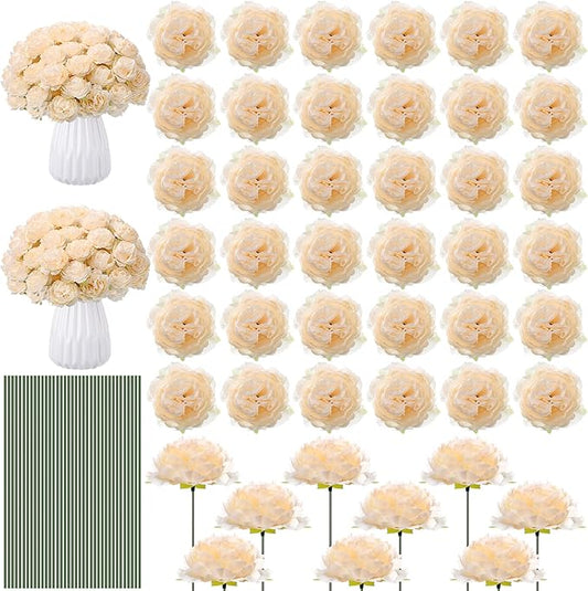 Thiccywoov 200 Pcs Flowers Long Stem Artificial Rose Bulk, 3.2 Inches Silk Rose Head Flowers Faux for Wedding Bridal Bouquet Independence Day Home Floral DIY Centerpieces Party Decoration(Champagne)