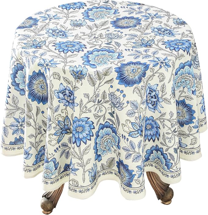 ISAENNE Designer French Linen Round Tablecloth,Diameter 55"-Blanch | Chinoiserie Vintage Elegant Table Cloth,Blue Floral Pattern,Beautiful,Dining Room,Kitchen,Tea Party,Thanksgiving,Decor