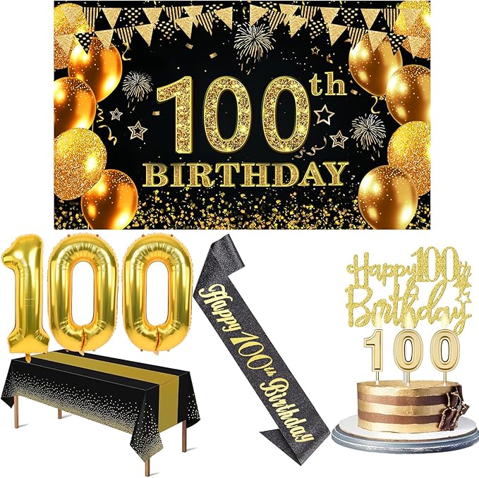100th Birthday Decorations Men Women with 100th Birthday Banner, Black and Gold Table Cloth, Number Balloons, Large Sash,Cake Topper and Candles