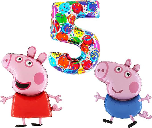 Toyland® Peppa & George Pig Foil Balloon Pack - 2 x 37 Character Shape Balloons & 1 x 40 Number Balloon - Kids Party Decorations