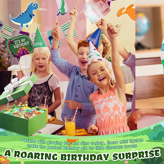 SAYAYA 100 Pieces Glow in The Dark Dinosaur Figures Bulk Small Luminous Plastic Dinosaur Cupcake Toppers Birthday Party Favors Supplies Goody Bag Filler Classroom Prizes