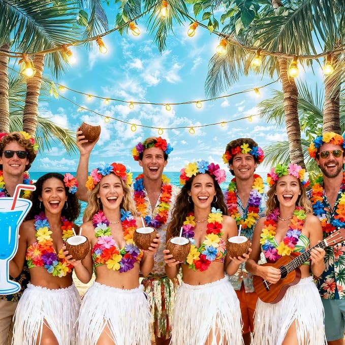 7X7ft Summer Hawaiian Beach Photography Backdrop Flamingo Tropical Flower Palm Leaves Background for Luau Aloha Party Decoration Banner Photo Booths
