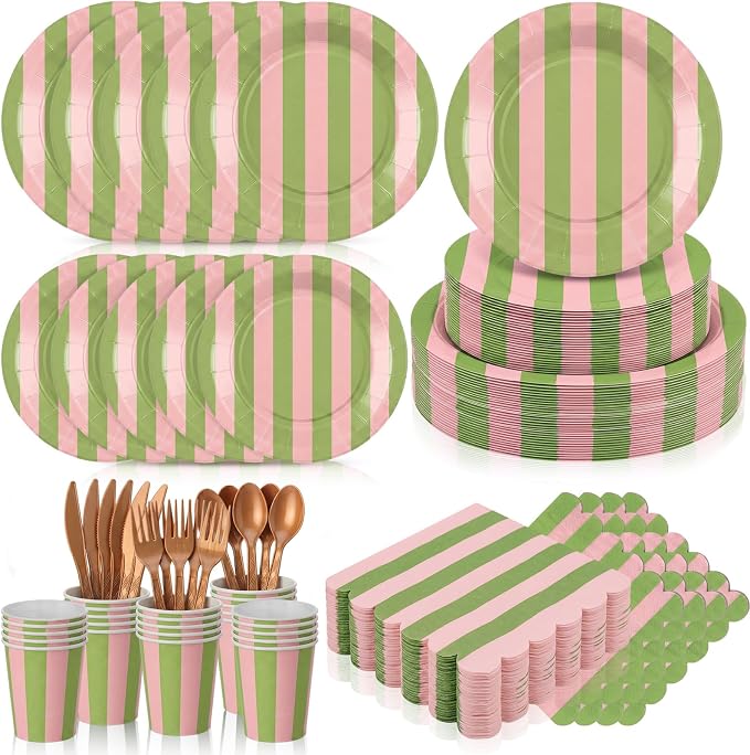 Mimorou 350 Pcs Green and Pink Striped Paper Plates and Napkins for 50 Guests, Striped Disposable Tableware Set Plates Cup Napkins Spoon Fork Knife for Wedding Baby Shower Birthday Party Supplies