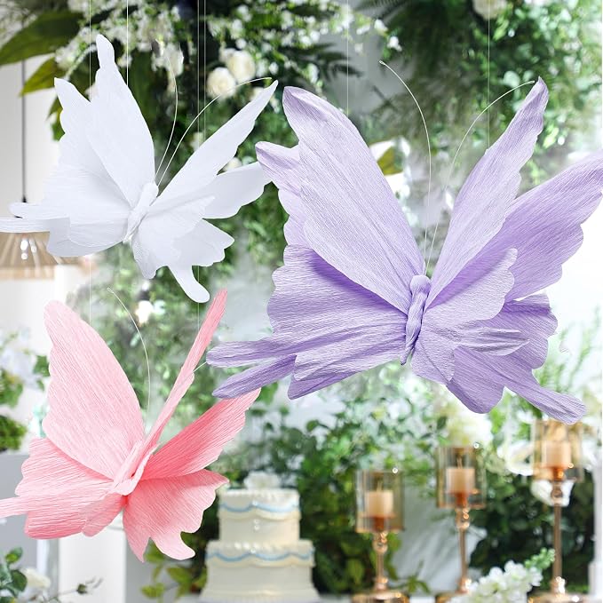 3 Pcs 3D Large Hanging Butterfly Decorations Large Butterfly Birthday Party Decorations 3D Crepe Paper Decoration for Wedding Party Birthday Baby Shower Garden(Purple, Pink, White,11inch,20 Inch)