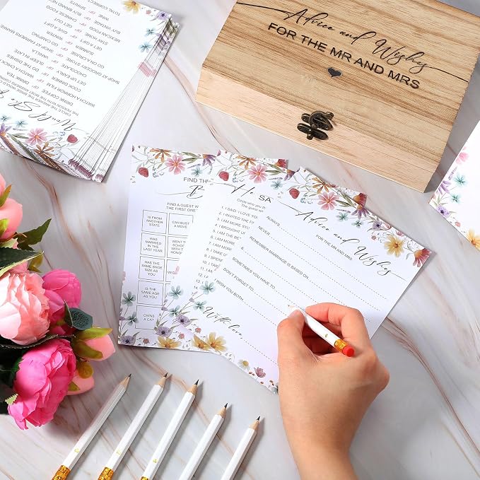 Silipull Bridal Shower Games Set for 50 Guests Includes Bingo, He Said She Said, Scramble, Would She Rather, Advice and Wishes Wedding Games Double Sided with Wooden Box, 20 Pencils(Wildflowers)