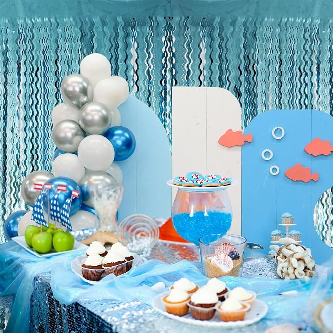 Goer Metallic Tinsel Foil Fringe Curtains for Party Photo Backdrop Wedding Decor (4 Pcs,Wavy Light Blue), One Size