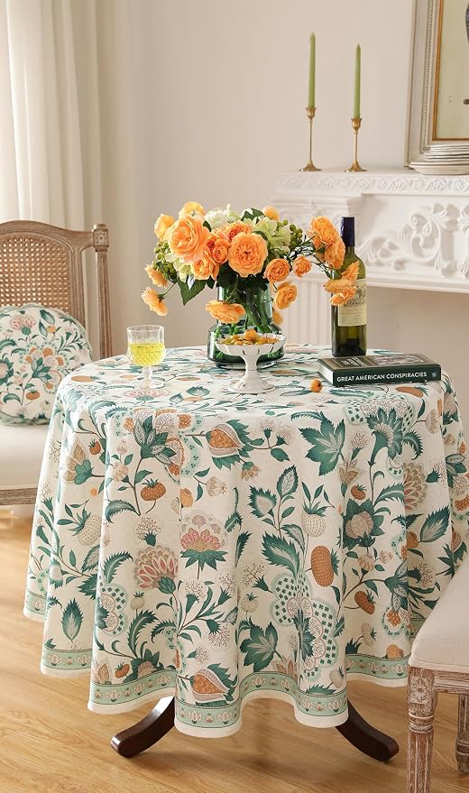 patdrea Vintage French Linen Tablecloth,Round,Diameter 55"-Tree Life | Elegant Colorful Table Cloth for Round Table,Green Floral Patterned,for Dining Room Tea Party Thanksgiving,Durable