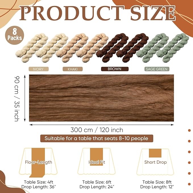8 Pcs Sage Green and Brown Cheesecloth Table Runner Boho Gauze Cheese Cloth Runner 118" Rustic Table Decor for Woodland Baby Shower Wedding Bridal Jungle Safari Birthday Party Home Arbor Decorations