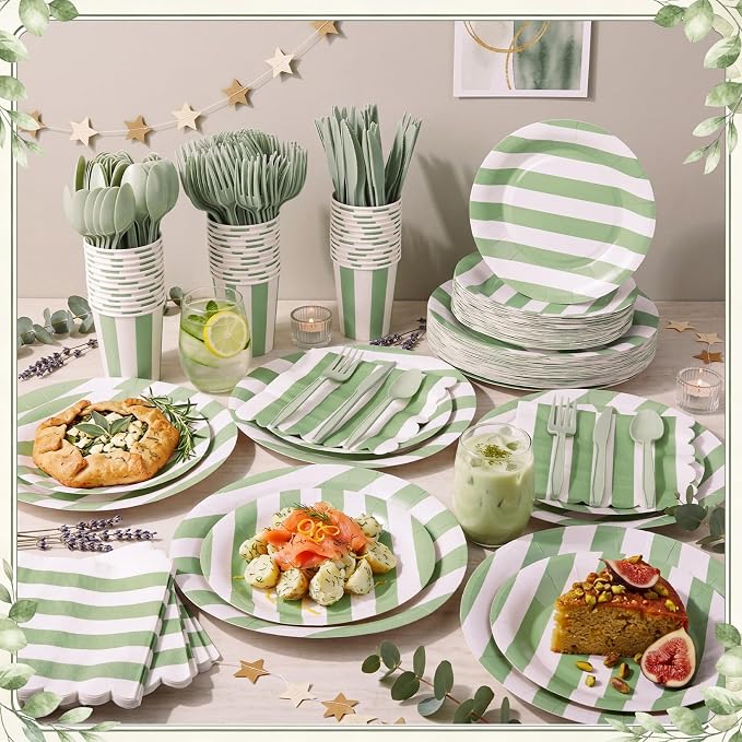 Mimorou 175 Pcs Sage Green Party Supplies for 25 Guests, Disposable Tableware Set with Green White Striped Paper Plates Napkins Cups Spoon Fork Knife for Baby Shower Birthday Bridal Party