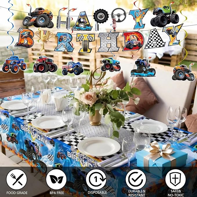 Monster Truck Birthday Decorations Party Decorations Set Include Truck Balloons, Tablecloth, Backdrop, Cake Cupcake Toppers, Hanging Swirls, Banner Monster Truck Party Supplies for Boys Birthday Decor