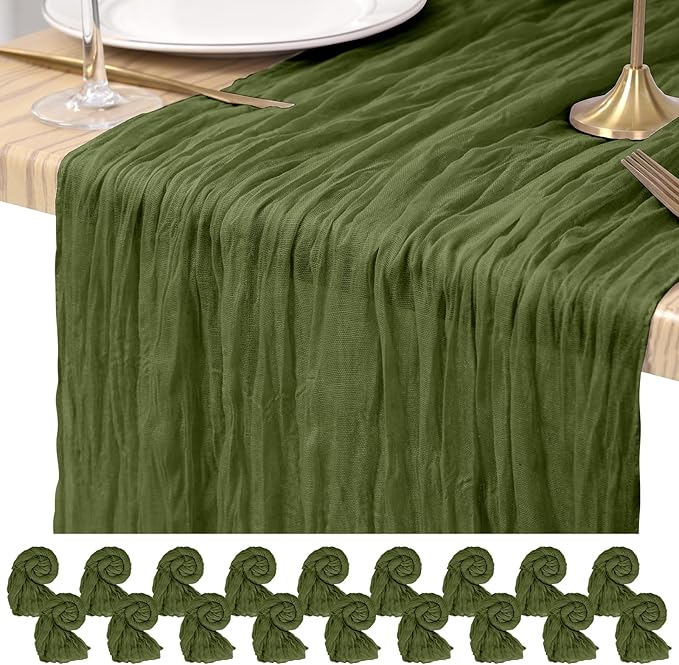 18 Pack Cheesecloth Table Runner Olive Green 10Ft Rustic Boho Gauze Table Runner Romantic Long Sheer Fabric Cheesecloth Table Runner for Wedding Festival Birthday Anniversary Dinner Outdoor Events