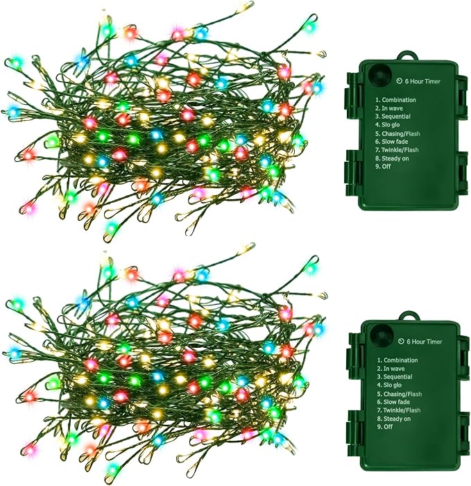 FairyGlim Battery Operated Christmas Lights, Waterproof Dark Green Copper Wire Fairy Light String Light for Garland, Wreath, Patio, Garden, Wedding, Party, Xmas (Multicolor, 200 LED 2Pack)