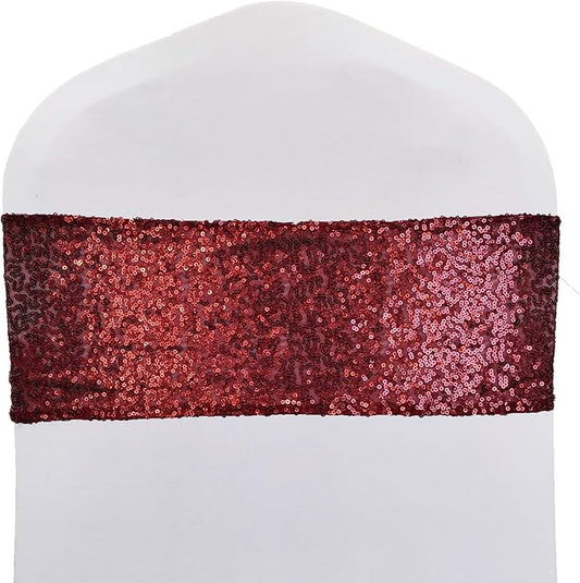 High Elastic Sequin Chair Sashes Bling Bling Chair Sashes Soft Strecth Sequin Material Shining Sequin Chair Bows for Party Decoration Home (Wine Red, 25PCS)