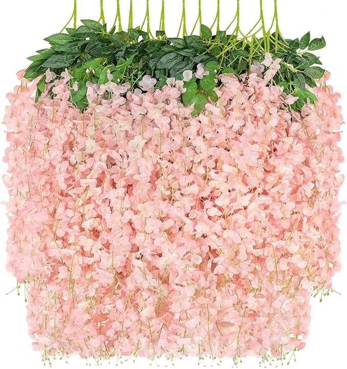 12 Pack Artificial Wisteria Hanging Flowers Fake Wisteria Flower Garland Silk Vines Rattan Decor for Home Wedding Arch Wall Garden Greenery Bedroom Outdoor Office Party Decoration (Light Pink)