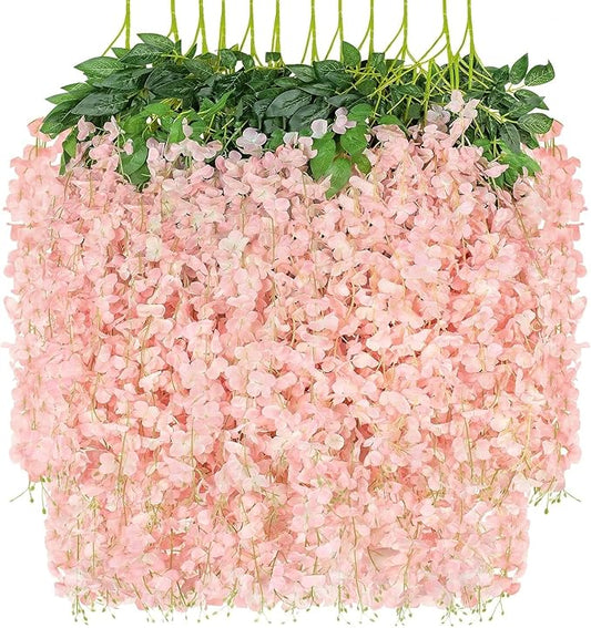 12 Pack Artificial Wisteria Hanging Flowers Fake Wisteria Flower Garland Silk Vines Rattan Decor for Home Wedding Arch Wall Garden Greenery Bedroom Outdoor Office Party Decoration (Light Pink)
