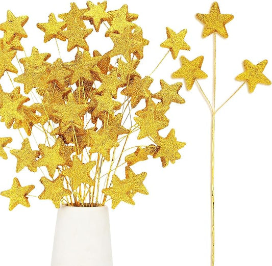 Wavwavw 24 Pcs Glitter Star Picks 13.8'' Sparkly Star Stem Picks Decoration Foam Vase Sticks Centerpiece Table Craft Vase Filler for Wreath Birthday Wedding Bridal Shower Arrangement(Gold)