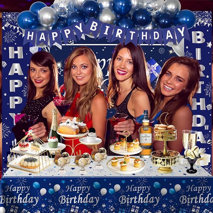 Blue and Silver Birthday Party Decoration for Men Boys Women Girls | Happy Birthday Backdrop Banner Tablecloth Party Supplies Confetti Balloons Arch