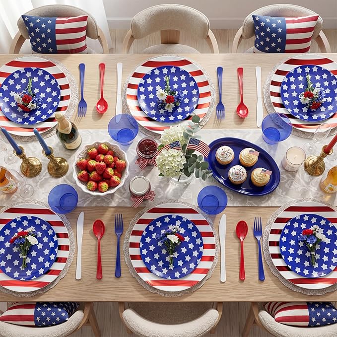 KIRE 150PCS 4th of July Plates & Red White Blue Disposable Plastic Silverware &Clear Blue Cups-American Flag Patriotic Party Supplies for Memorial Day/Independence Day/Veterans Day