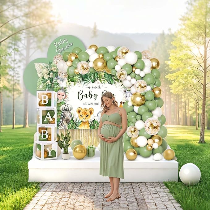 140PCS Safari Jungle Baby Shower Decorations, Safari Baby Shower Supplies, Sage Green Balloon Garland Kit, BABY Boxes, Backdrop Banner