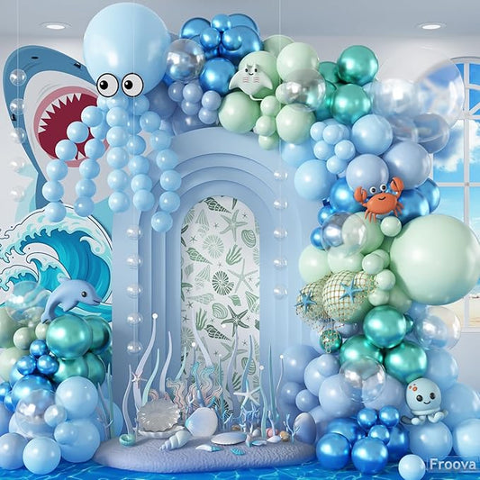 Under the Sea Balloons Garland Arch Kit, 123pcs Dusty Blue Teal Pastel Green Metallic Blue Green Ocean Balloon with Transparent Balloons for Shark Baby Shower Sea Animal Birthday Party Decorations