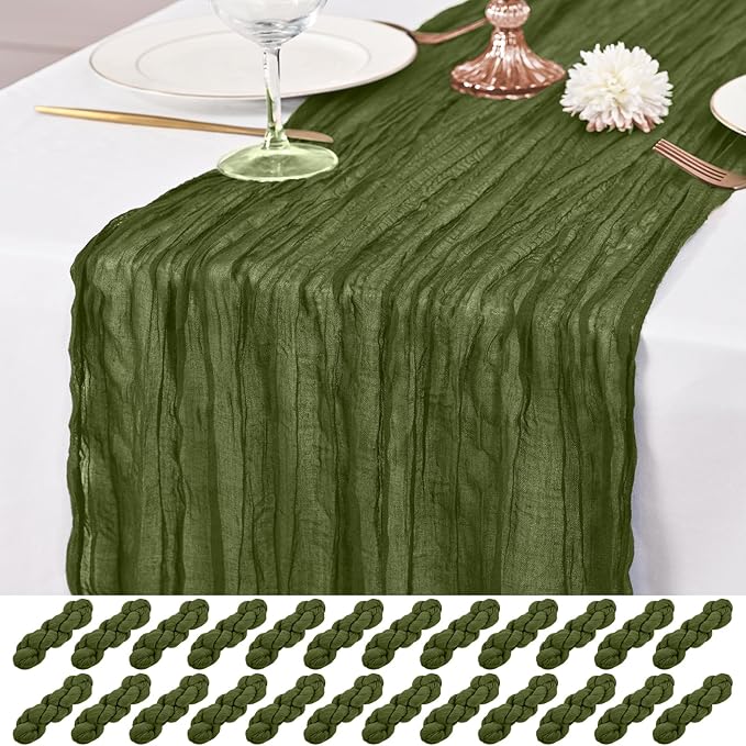 24 Pack Olive Green Table Runner 10Ft Cheesecloth Table Runner Rustic Gauze Table Runner Romantic Long Sheer Fabric Cheese Cloth Table Runner for Wedding Party Bridal Baby Shower